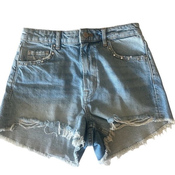 Zara High Waisted Denim Rhinestone Distressed Shorts - Picture 1 of 8